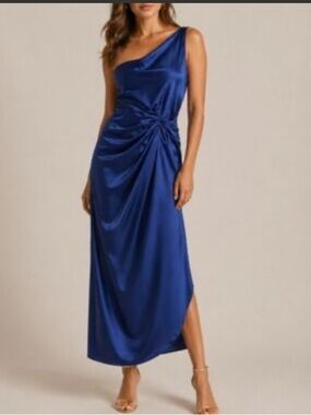 Abercrombie & Fitch Blue Satin One Shoulder Knotted Maxi Dress Gown Women MEDIUM